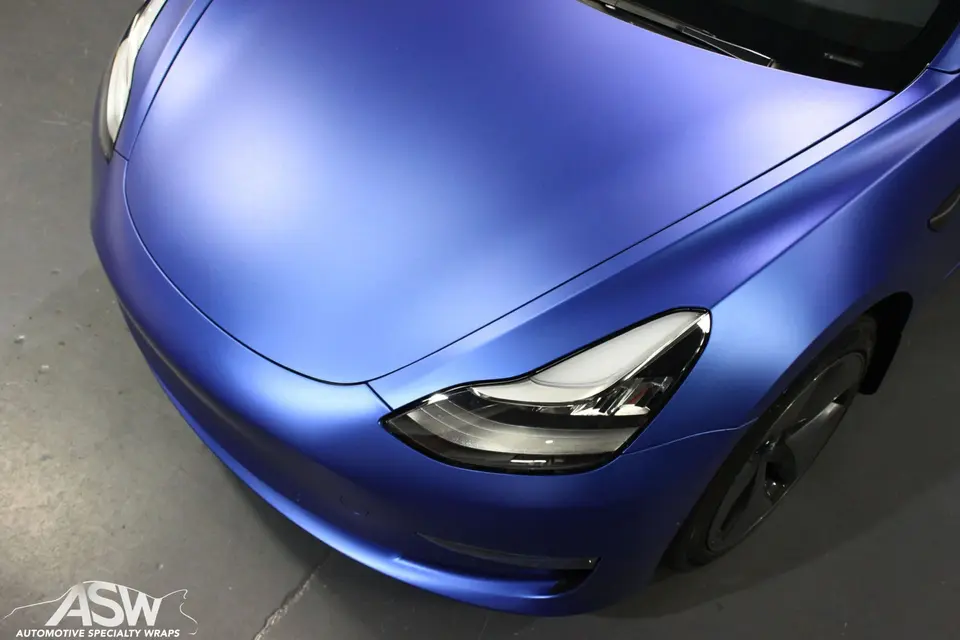 Tesla in a matte blue wrap